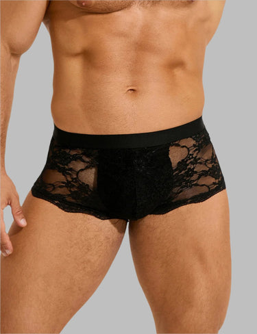 a man wearing a black underwear with a lace pattern